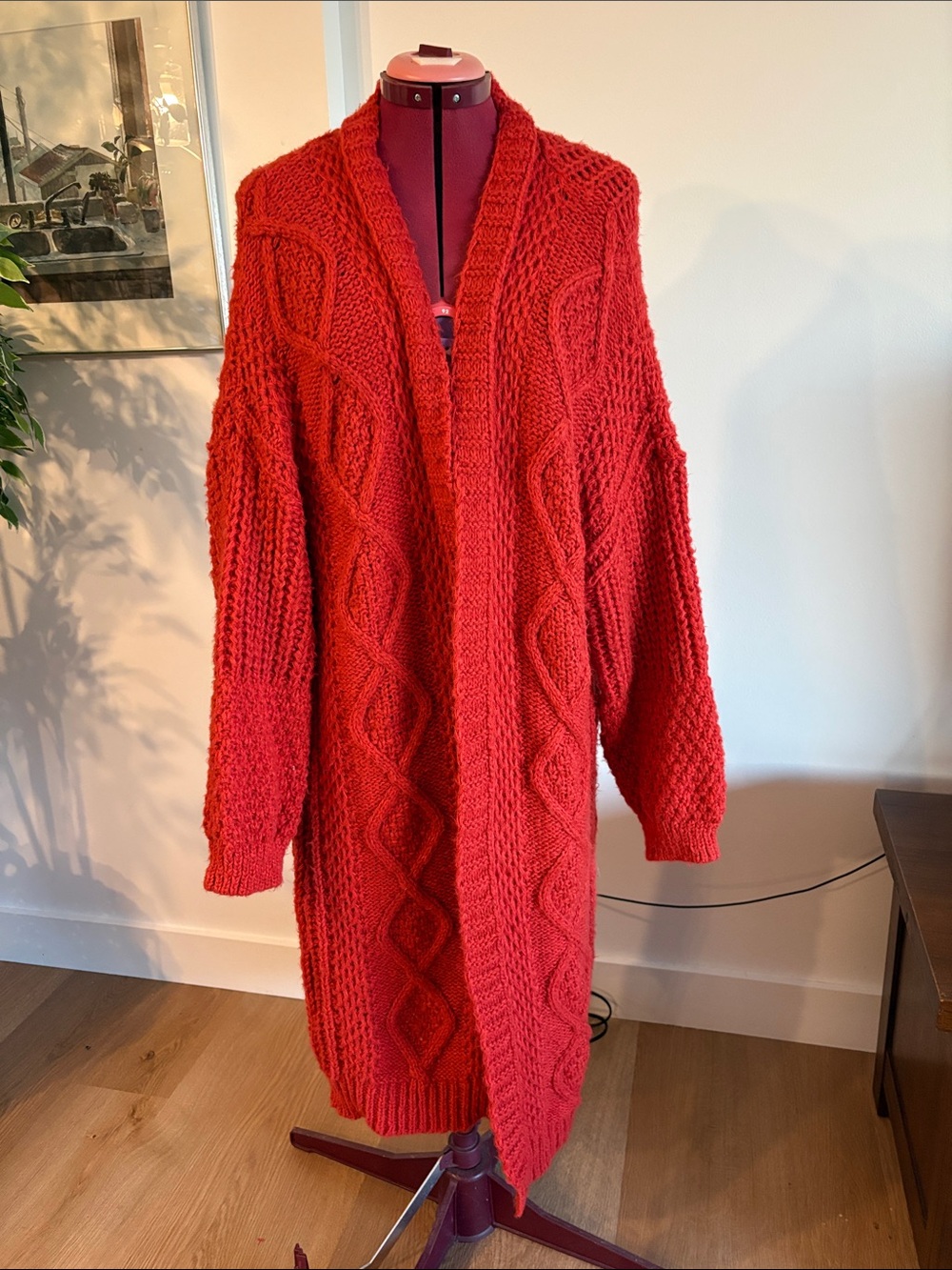 Open-Front Red Cable Knit Long Cardigan Sweater